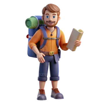 a 3d man with a backpack and a book