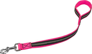 a pink and black leash with a metal hook