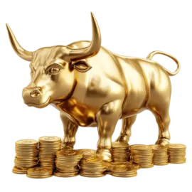 a gold bull standing on stacks of coins