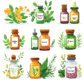 a set of various bottles with different herbs