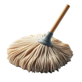 a white mop with a wooden handle