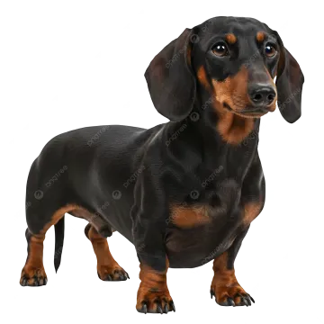 a black and tan day dog standing on a white background