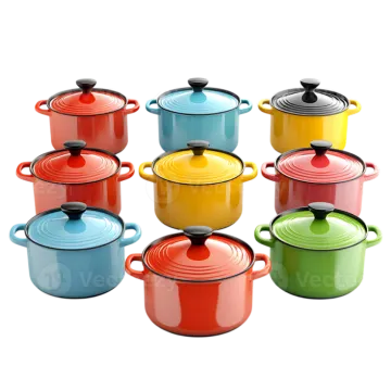 a group of colorful pots and pans