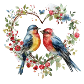 two birds sitting on a branch with berries and berries