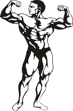a black and white illustration of a man flexing his muscles