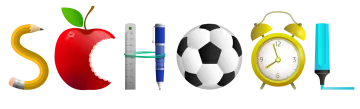 a clock, an apple and a soccer ball