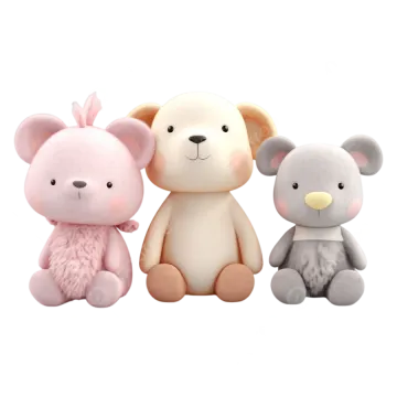 three stuffed animals sitting side by side