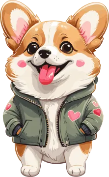 a cute corgy dog in a green jacket
