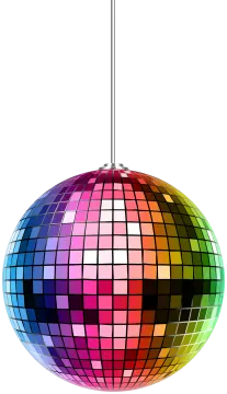 a colorful disco ball hanging from the ceiling