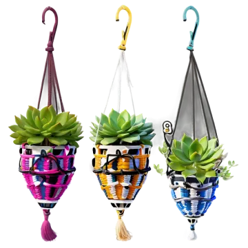 three hanging planters with plants in them