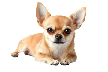 a small dog with big eyes laying down