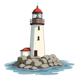a lighthouse with rocks in the water