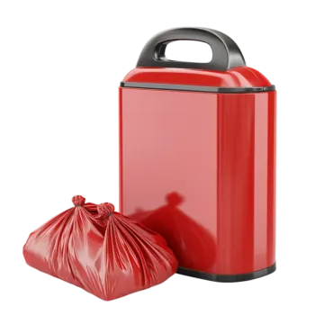 a red trash can with a plastic bag