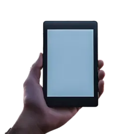 a hand holding a tablet with a blank screen