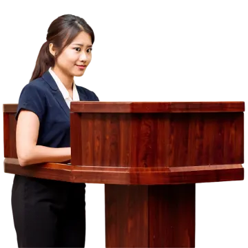 a woman standing behind a podium in front of a white background