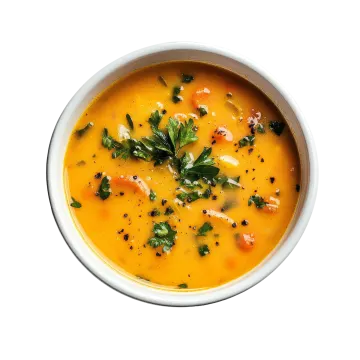 a bowl of soup on a white background