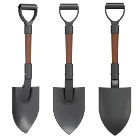 three black and brown shovels with wooden handles