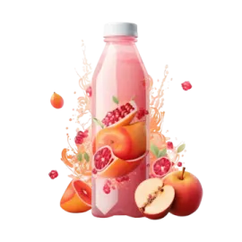 a bottle of peach juice with some fruit around it