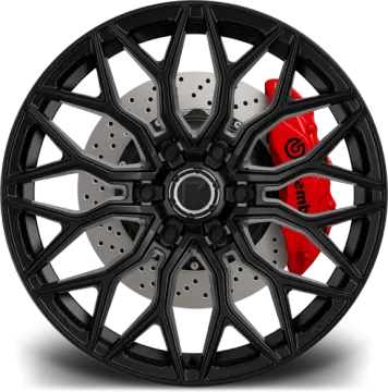 a black wheel with red brake pads
