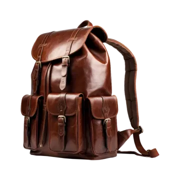 a brown leather backpack on white background