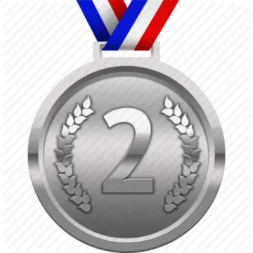 a silver medal with the number two on it