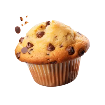 a muffin with chocolate chips falling out of it