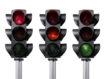 three traffic lights with red and green lights