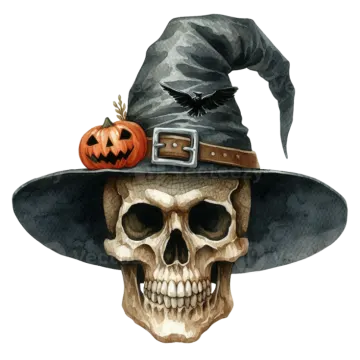 a watercolor painting of a skull wearing a witch hat