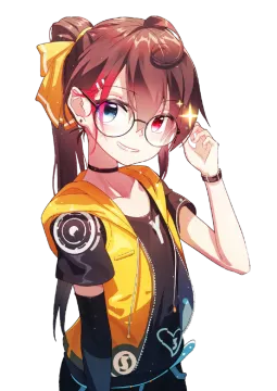 an anime girl with long brown hair, wearing a yellow top and black pants
