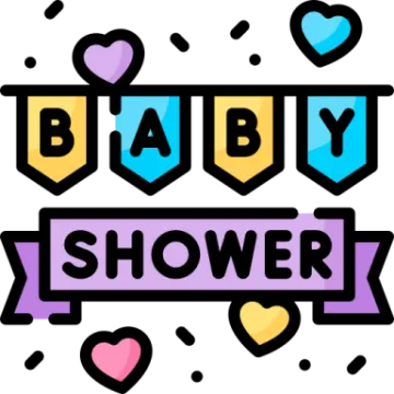 a baby shower banner with hearts and ribbons