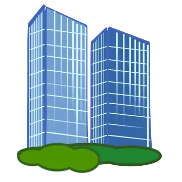 two skyscrapers with green grass in front