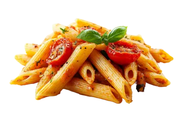 a plate of pasta with tomatoes and basil