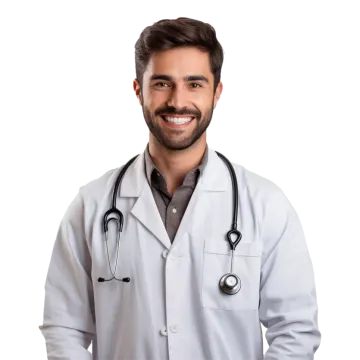 a man in a white lab coat with a stel on his chest
