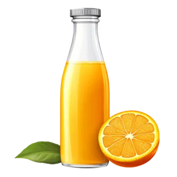 a bottle of orange juice next to an orange slice
