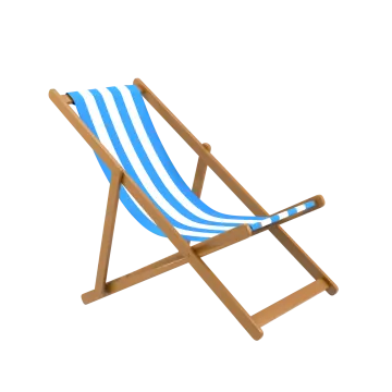 a wooden deck chair with blue and white stripes