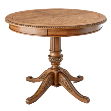 a round dining table with a wooden top