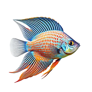 a blue and orange fish on a white background