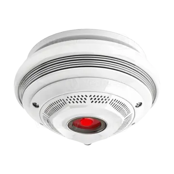a white smoke detector with red light