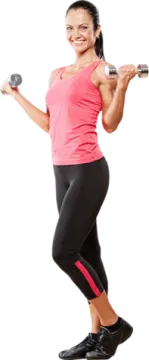 a woman in pink shirt and black leggings holding dumb dumbs