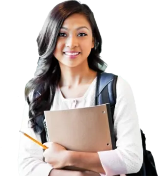 a young woman holding a notebook and smiling