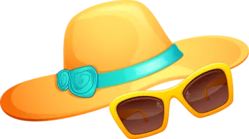 a yellow hat, sunglasses and a blue ribbon