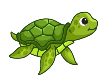 a green turtle with black eyes