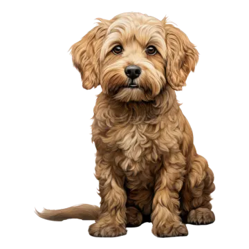 a brown dog sitting down on a white background