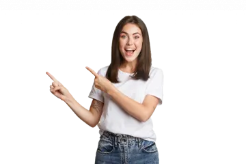 a woman pointing her finger at the camera