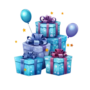 a pile of blue presents with balloons and stars