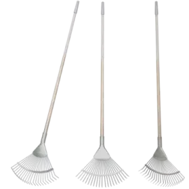 a set of three metal garden rakes