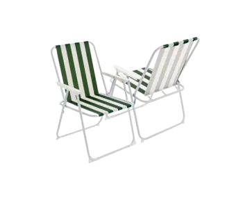 a pair of white and green striped chairs