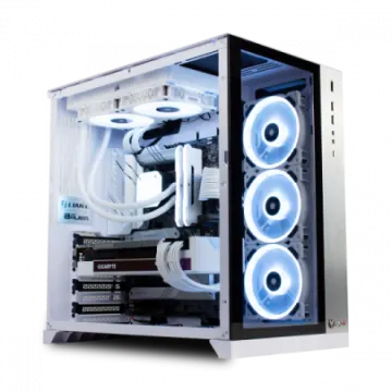 a white computer case with blue leds