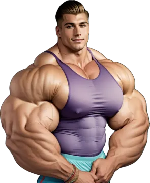 a man in a purple tank top and blue shorts