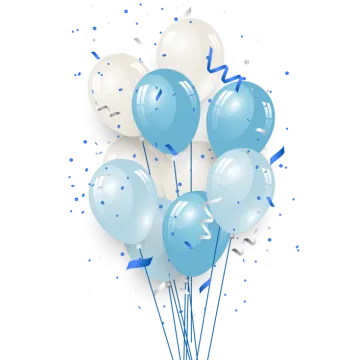 a bunch of blue and white balloons